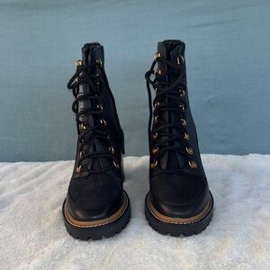 NWOT Tory Burch Black Combat Boots Chunky Lug Sole Sz 5 Women Leather Lace Up